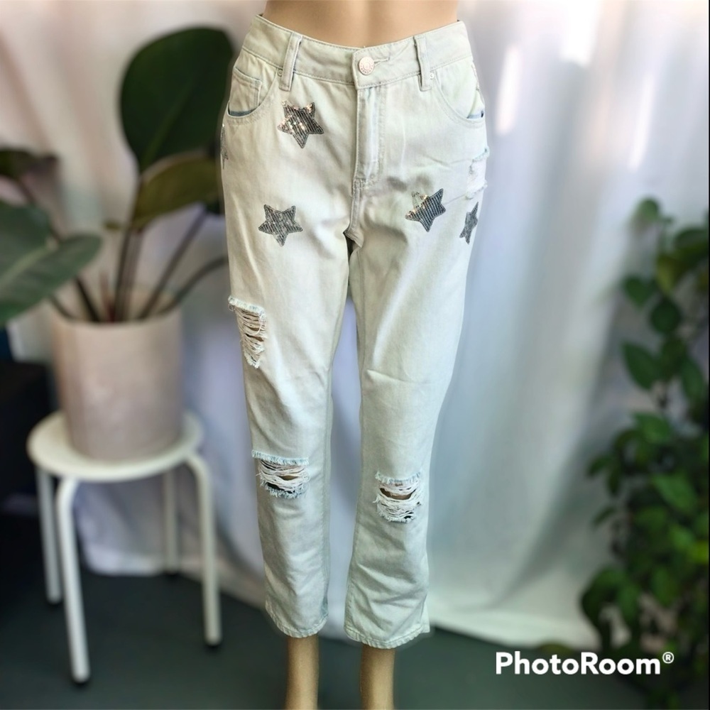 Vintage Refuge Light Blue Women's Jeans with SequinStar Accents Size8 100%Cotton
